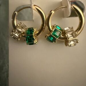 Francesca's Gold Hoops with Green and Clear Stones